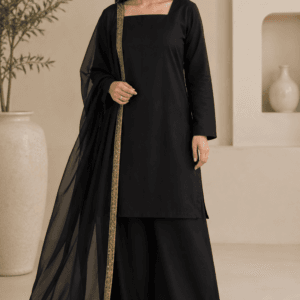 black flapper style 3 piece suit with lace border dupatta