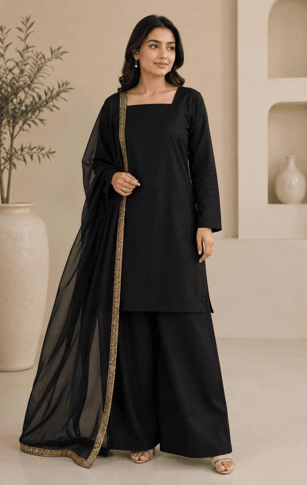 Black Flapper Style with Lace Border Dupatta – 3 Piece