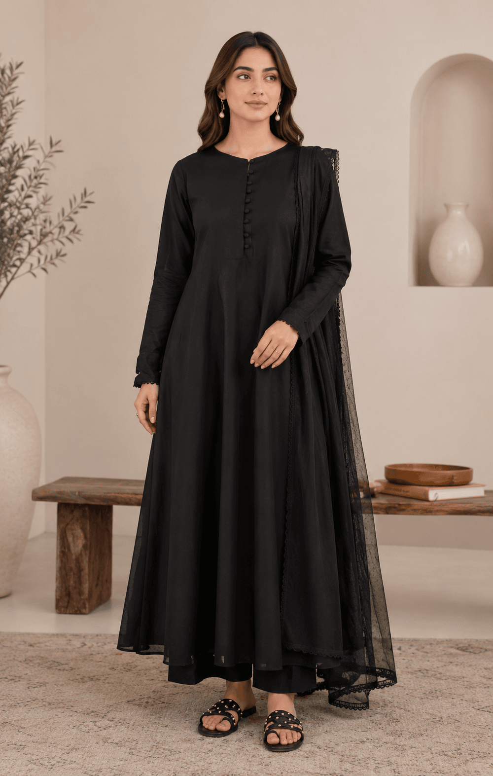Elegant Black Long Frock – 3 Piece Set