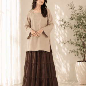 fawn kurti with choco brown maxi skirt set