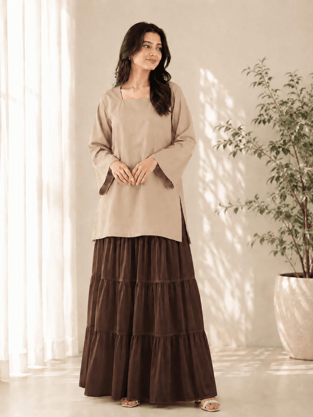 Fawn Kurti With Choco Brown Maxi Skirt Set