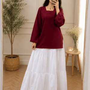 maroon kurti with off white tiered skirt set