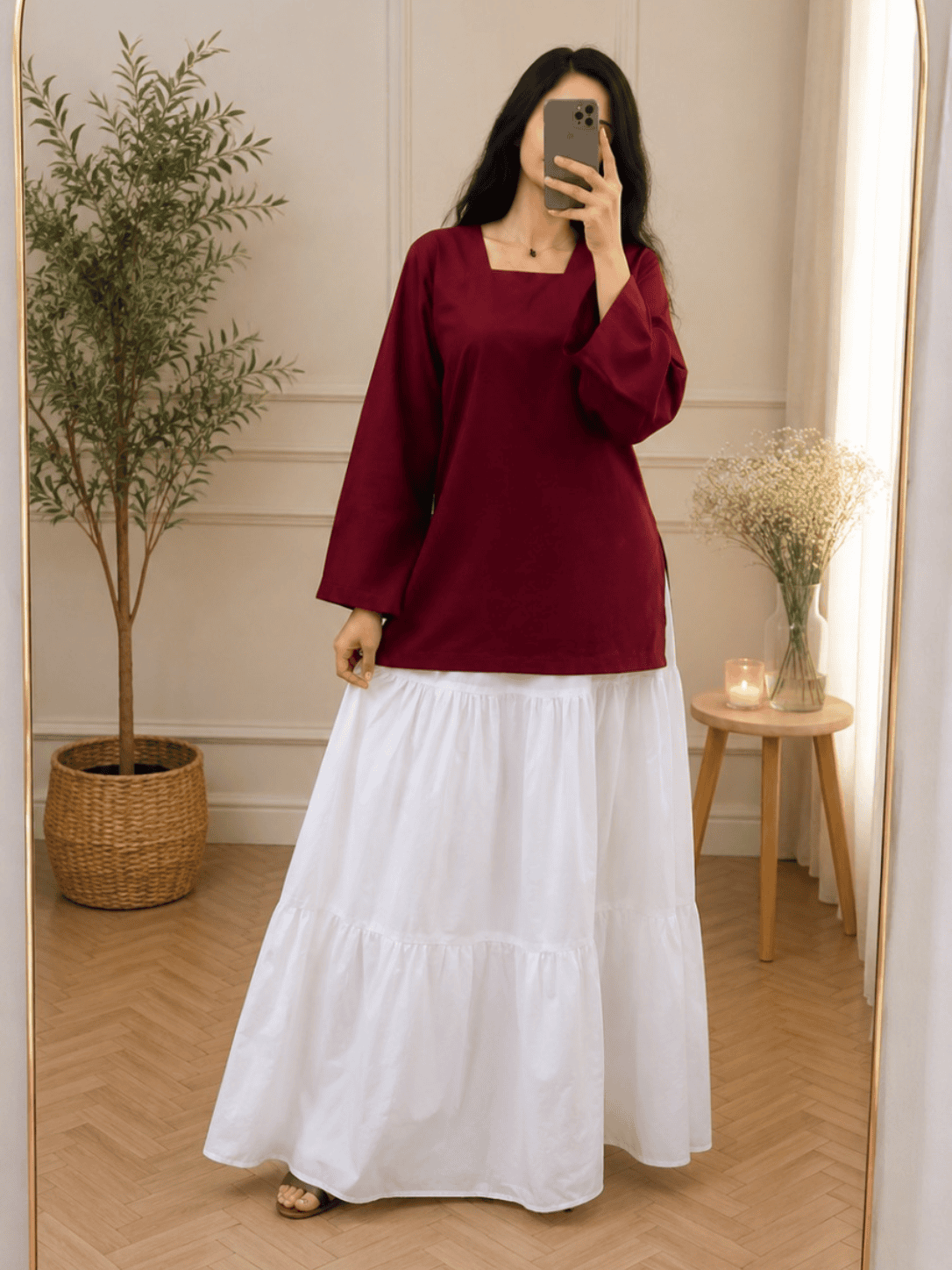 maroon-dori-kurti-with-off-white-skirt-set
