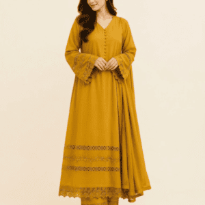 mustard yellow lace detail long kurti set – 3 piece
