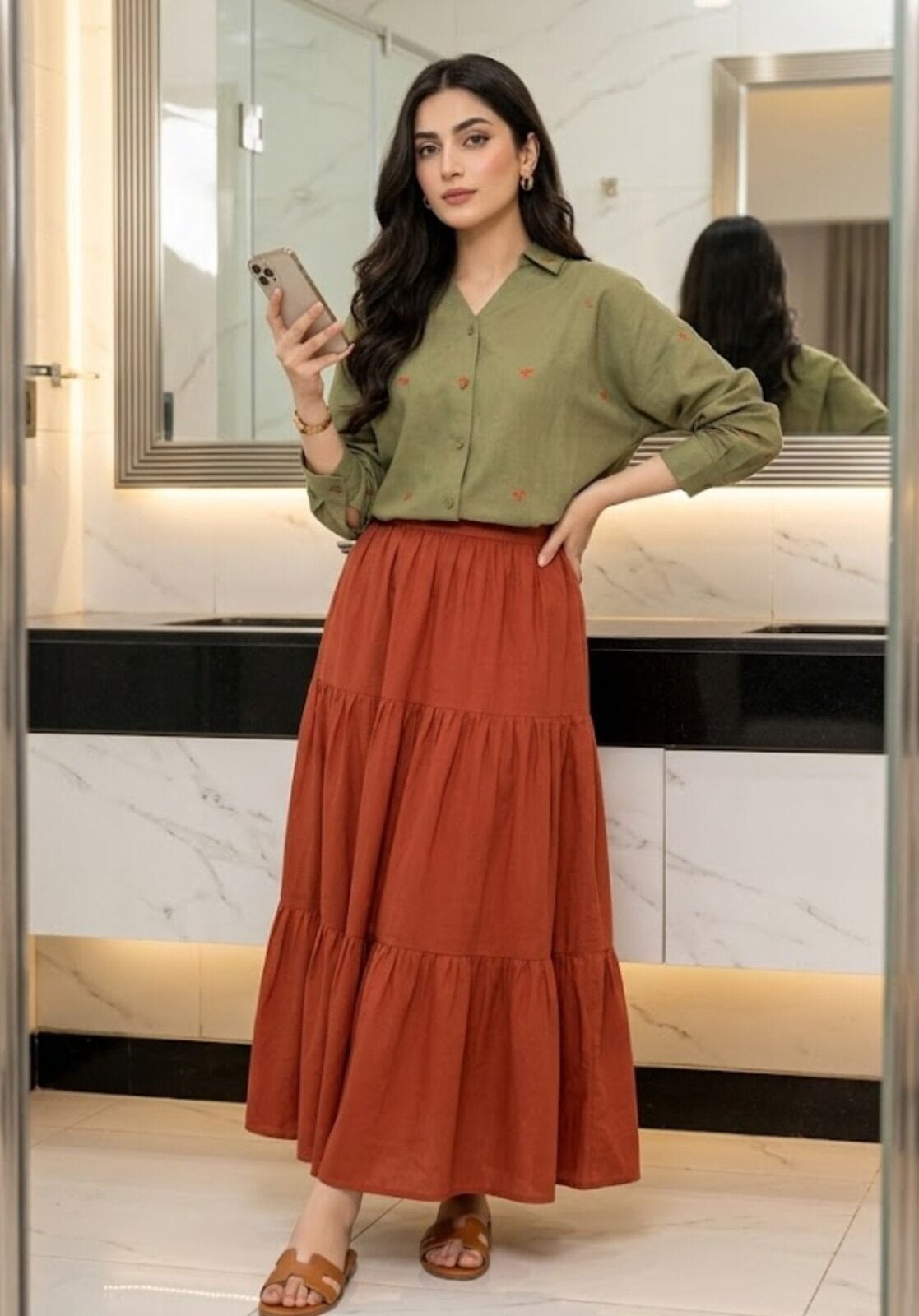 Embroidered Top & Orange Skirt Set