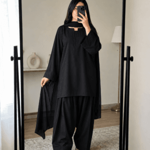 black kurti with black farshi shalwar set