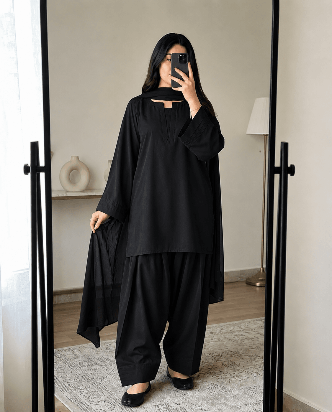 Black Kurti with Black Farshi Shalwar Set – 3 Piece