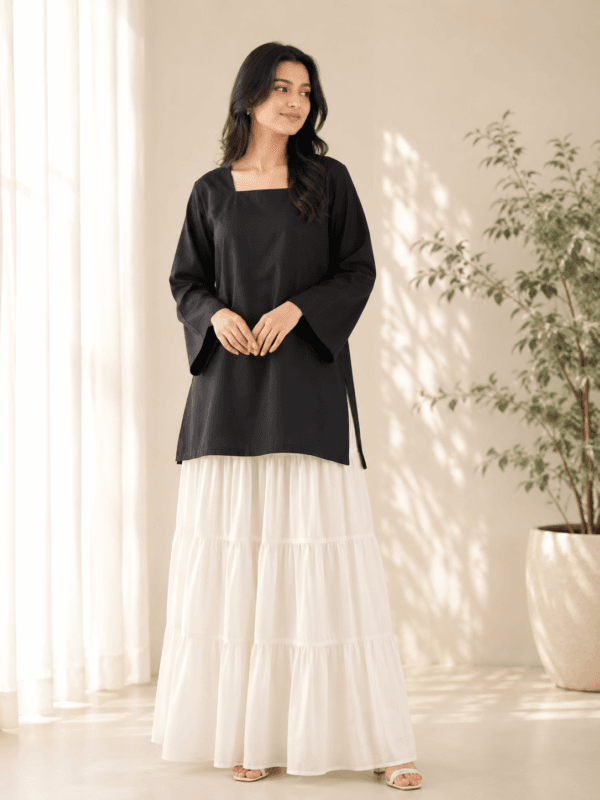 black-kurti-offwhite-skirt-set