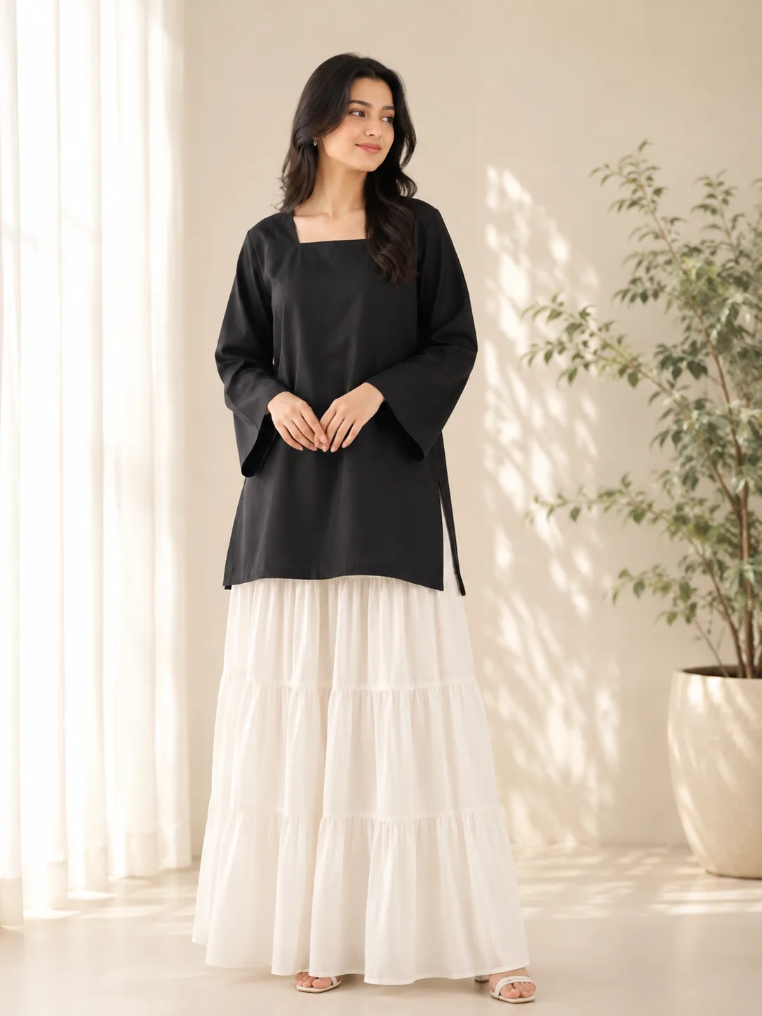 black-kurti-offwhite-skirt-set
