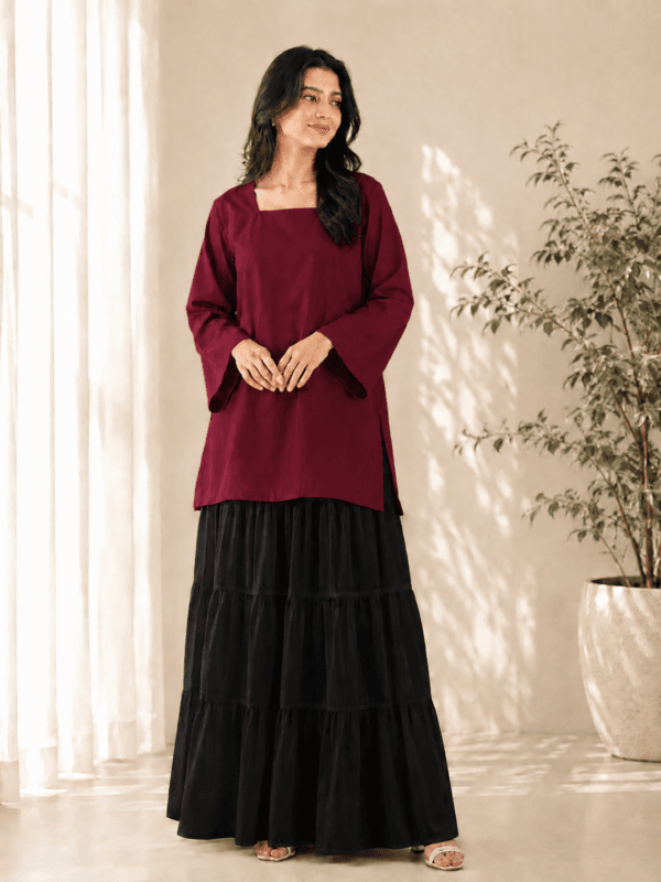 maroon-kurti-black-skirt-set