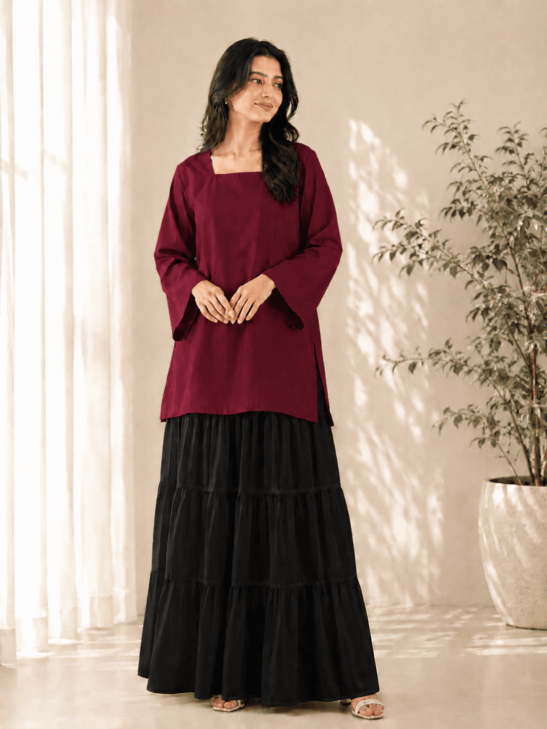Maroon Kurti with Black Skirt Set