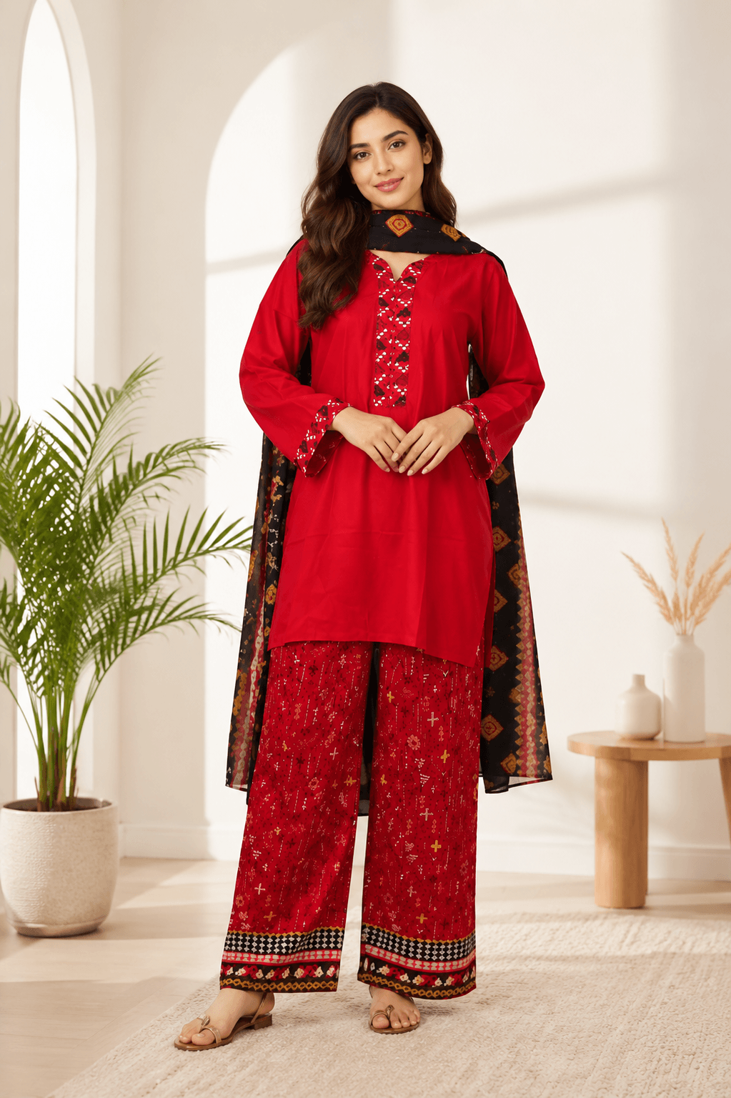 Lawn Red Short Kurti Farshi Shalwar With Dupatta