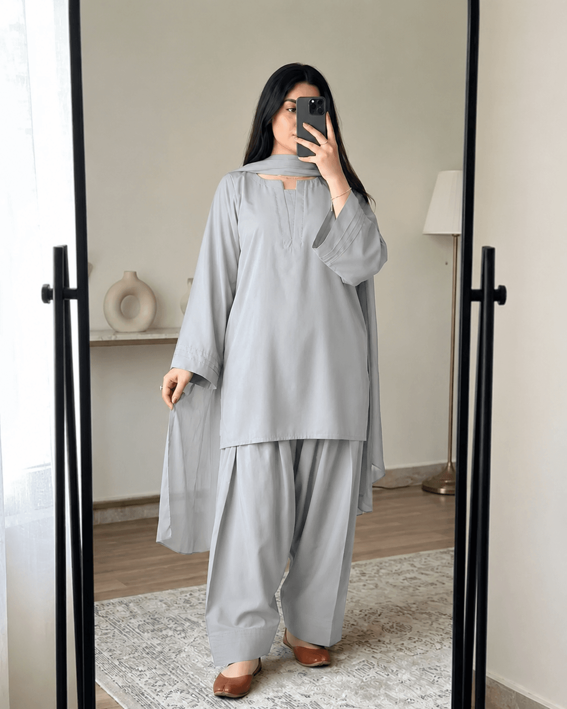 Light Grey Kurti with Farshi Shalwar Set – 3 Piece