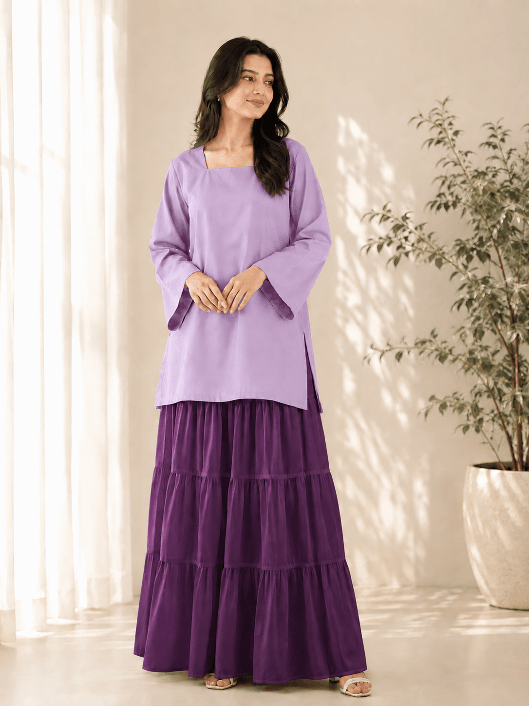 Light Purple Kurti with Dark Purple Maxi Skirt Set