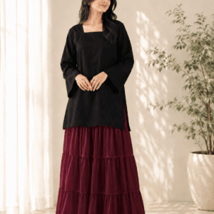 black kurti with maroon skirt set
