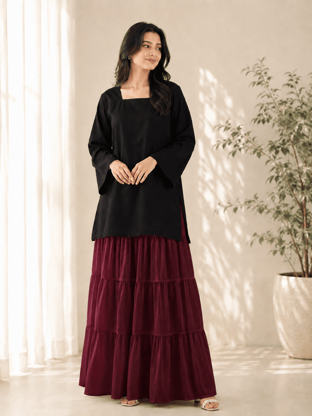 Black Kurti With Maroon Skirt Set