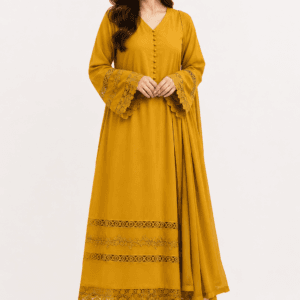 mustard yellow lace detail long kurti set with dupatta