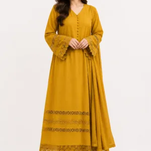 mustard yellow lace detail long kurti set with dupatta