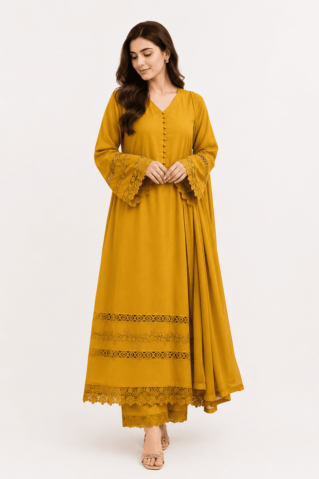 Mustard Yellow Lace Detail Long Kurti Set – 3 Piece