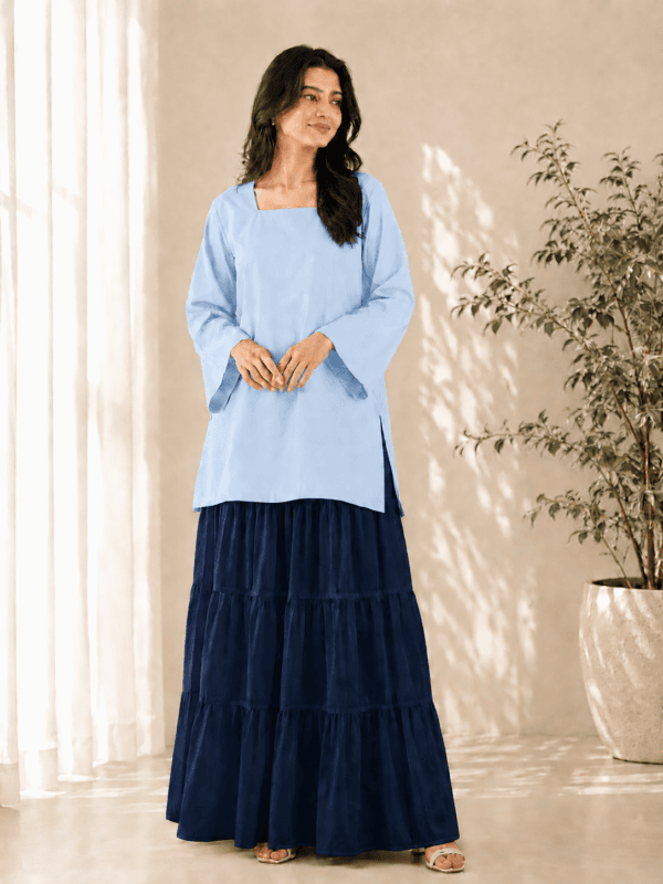 sky-blue-kurti-navy-blue-skirt-set