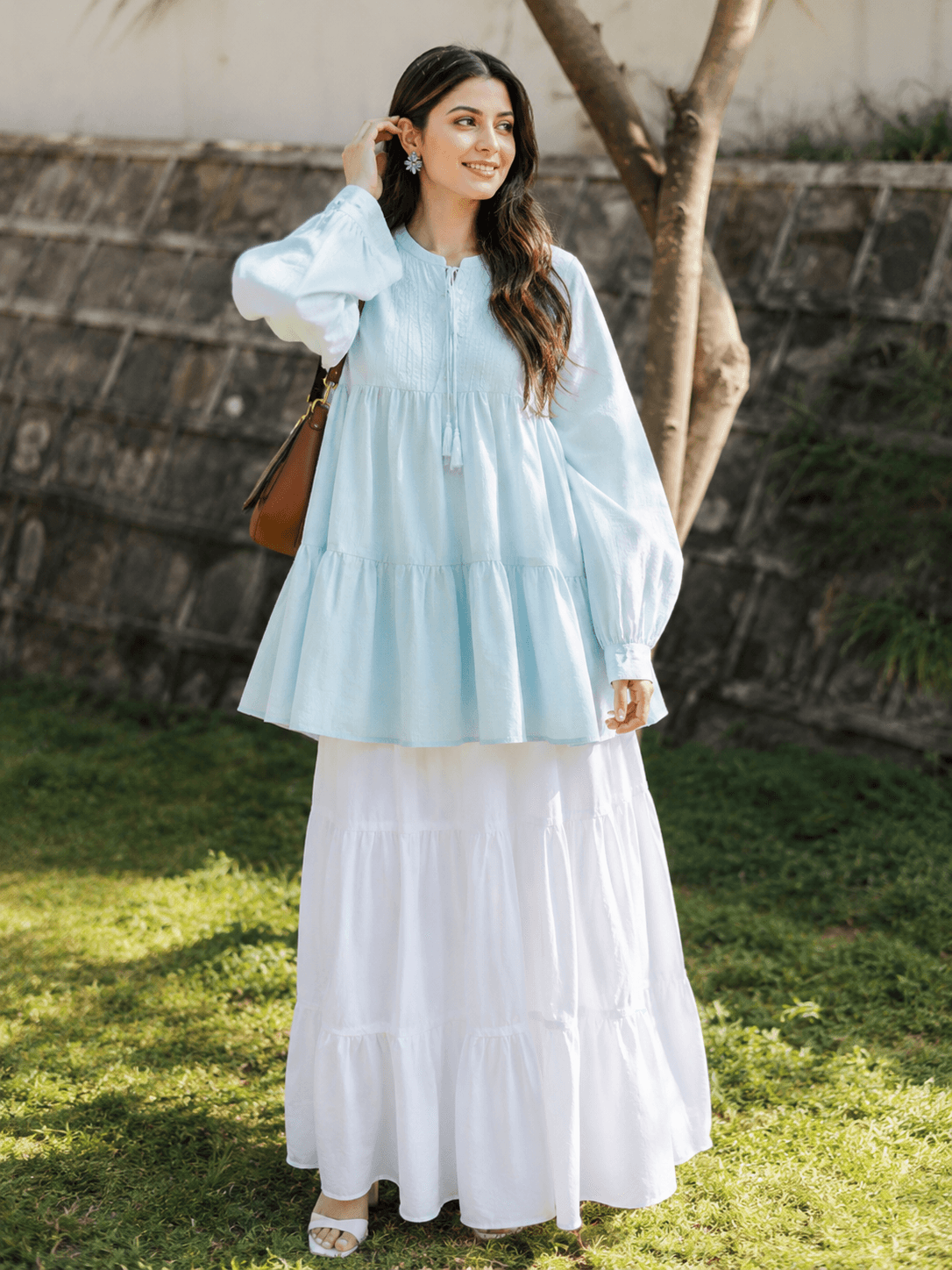 Sky Blue Short Frock with Off White Skirt Set