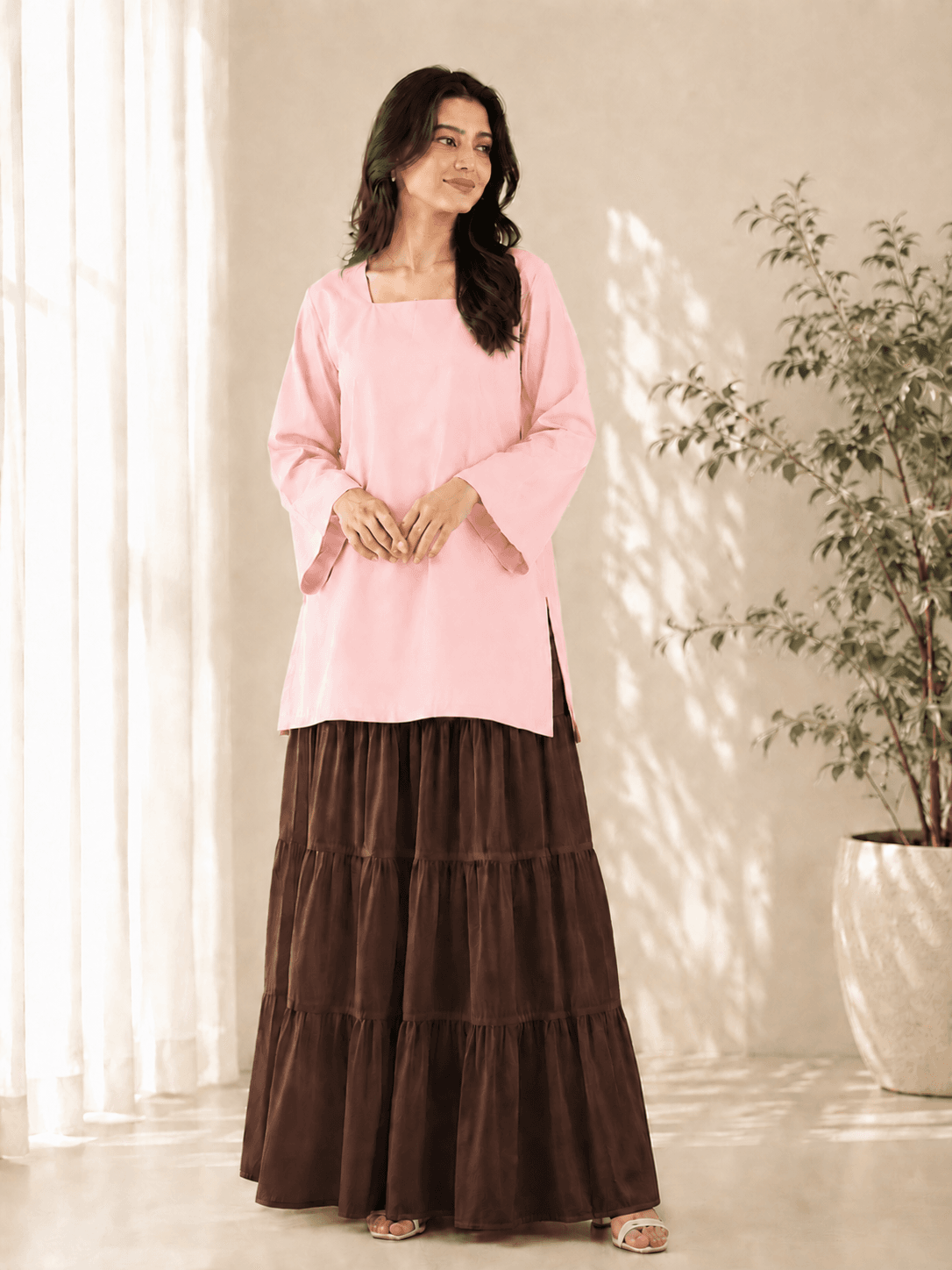 Light Pink Kurti with Chocolate Brown Skirt Set