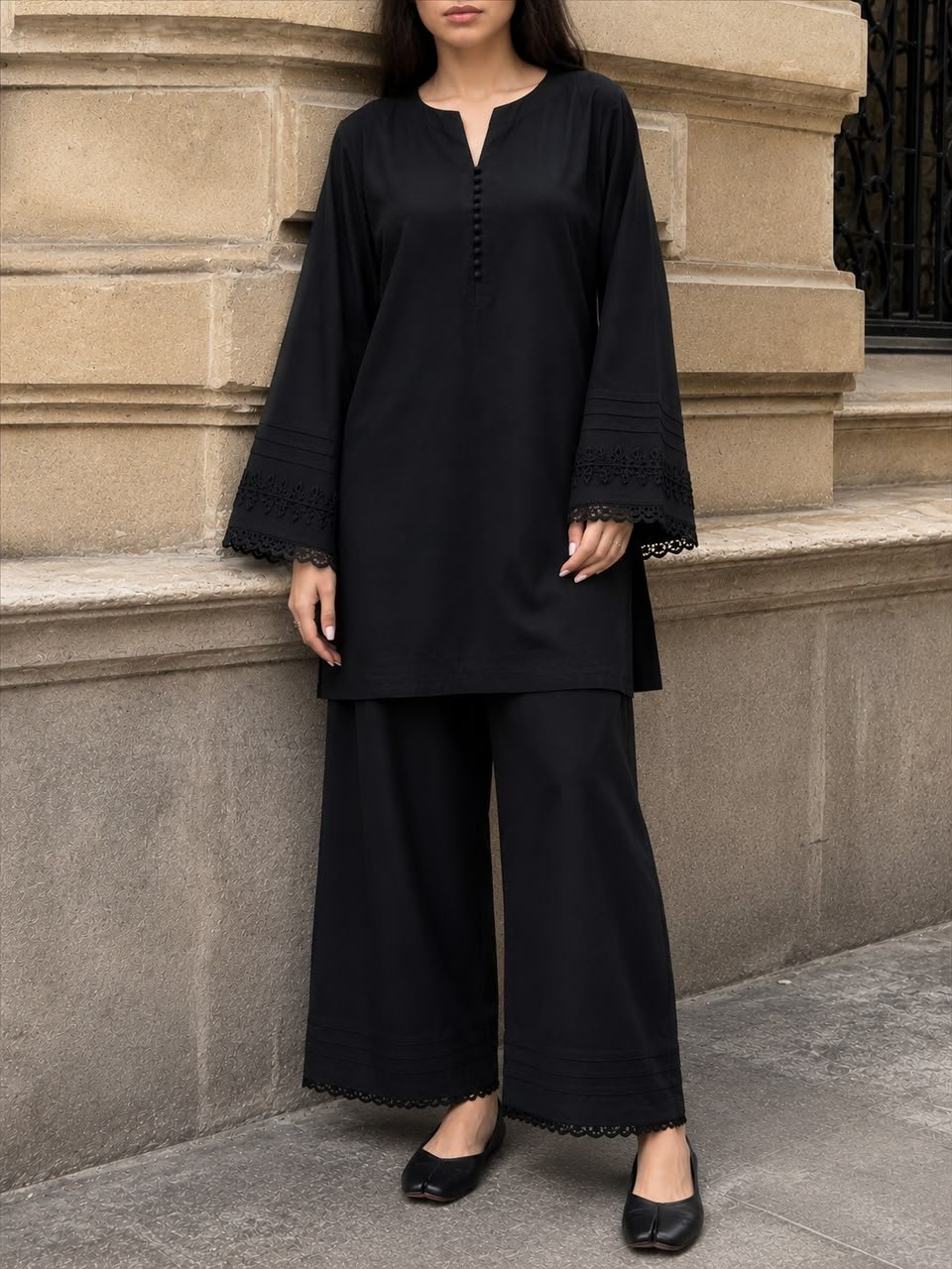black-simple-lace-with-daman-sleeves-co-ord-set
