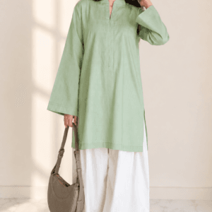 pista green kurti with off white farshi shalwar – 2 piece set