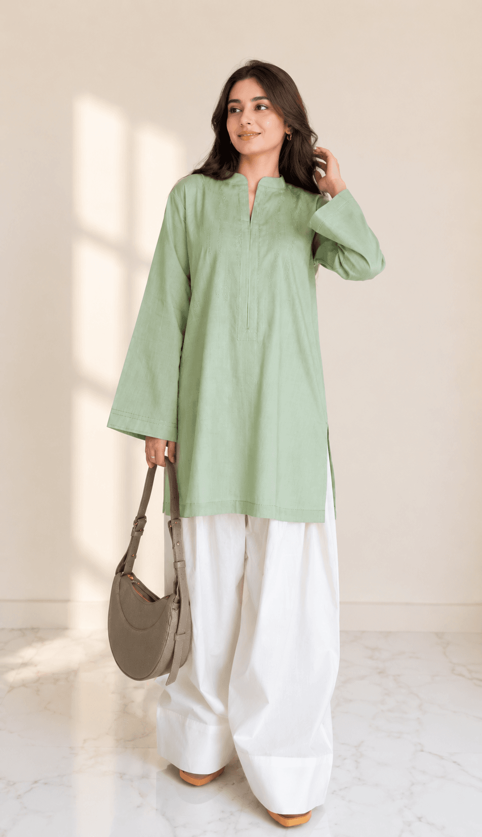 Pista Green Kurti with Off-White Farshi Shalwar – 2 Piece Set