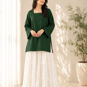 dark green kurti with off white tiered skirt set