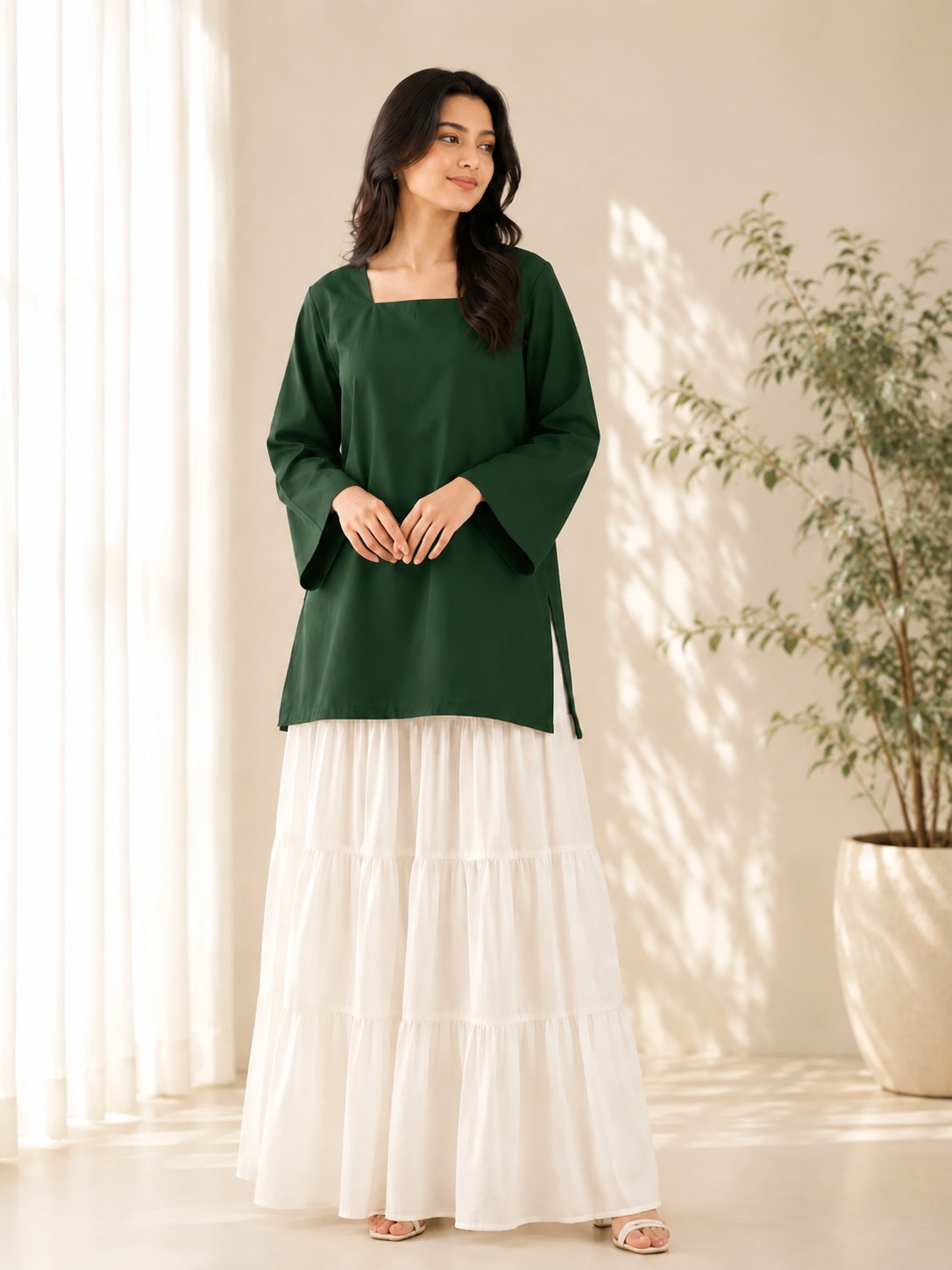 Home Dark Green Kurti With Off White Tiered Skirt Set1