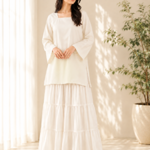 off white cotton kurti with tiered skirt set