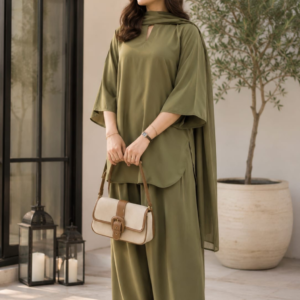 olive green short kurti with farshi flapper set