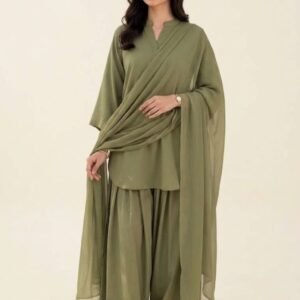 olive green short kurti with farshi flapper set main