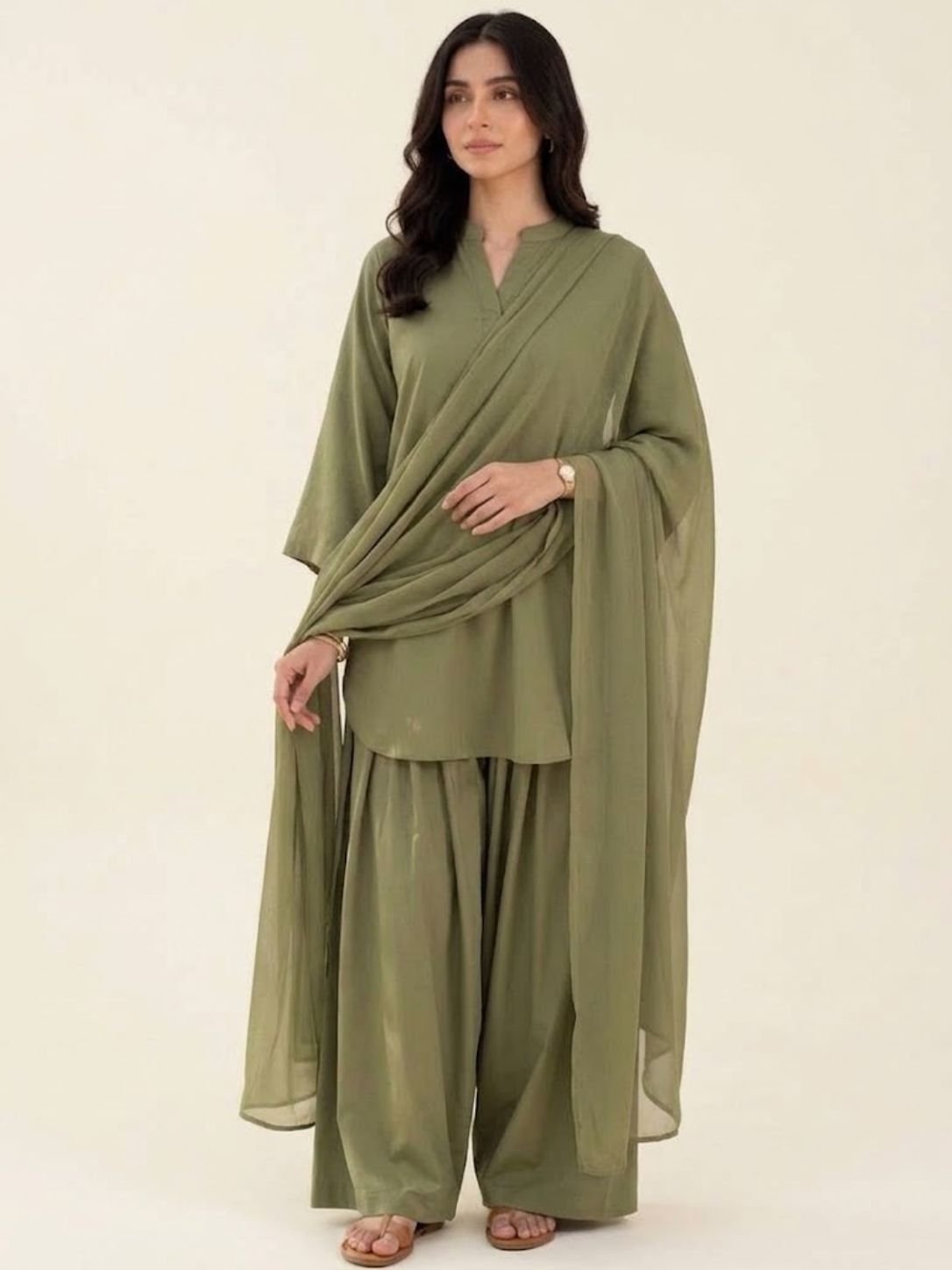olive-green-short-kurti-with-farshi-flapper-set
