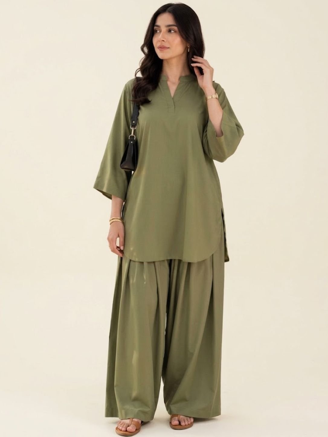 Home Olive Green Short Kurti With Farshi Flapper Set2