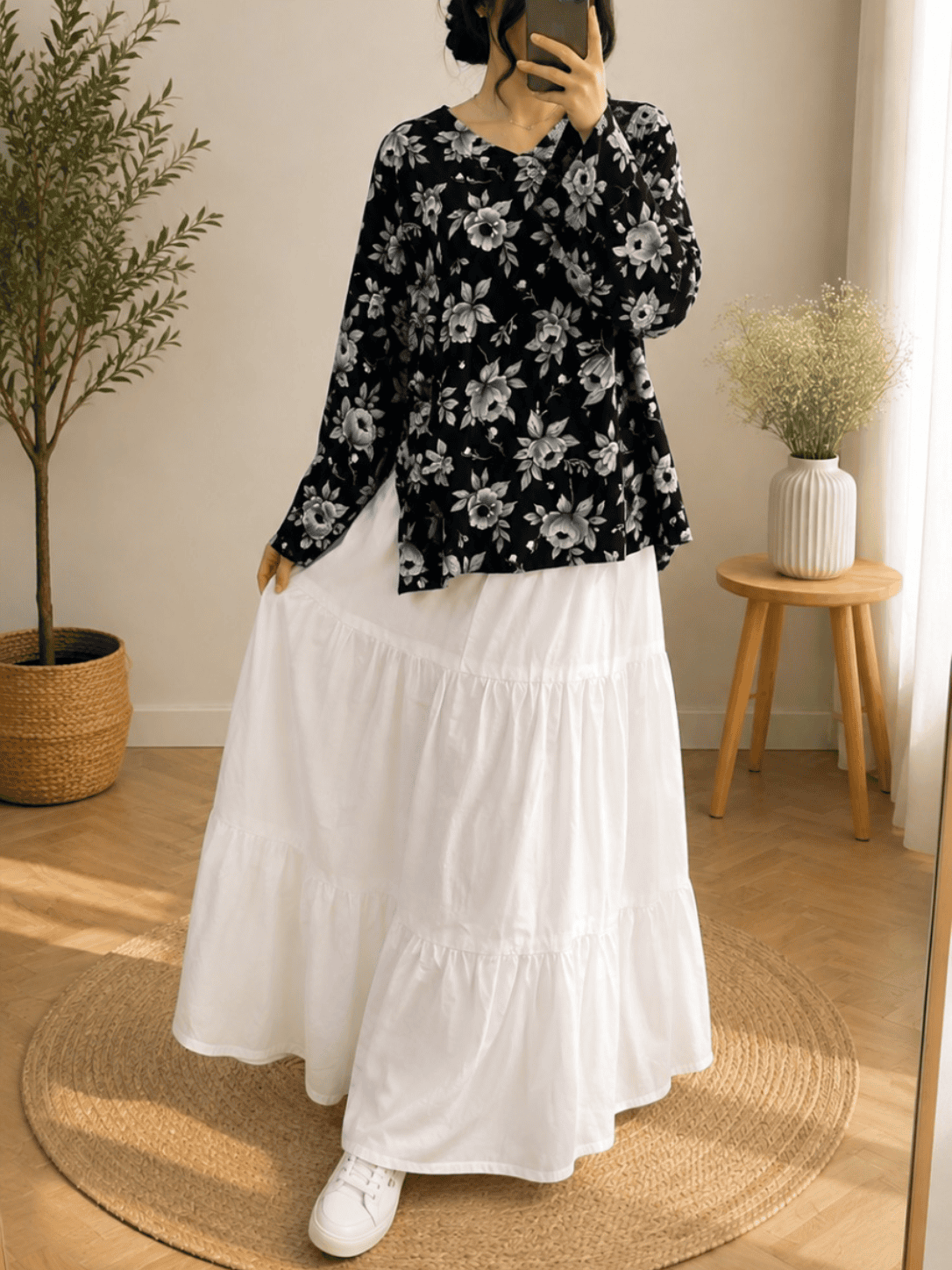 Home Black Floral Top With White Tiered Maxi Skirt