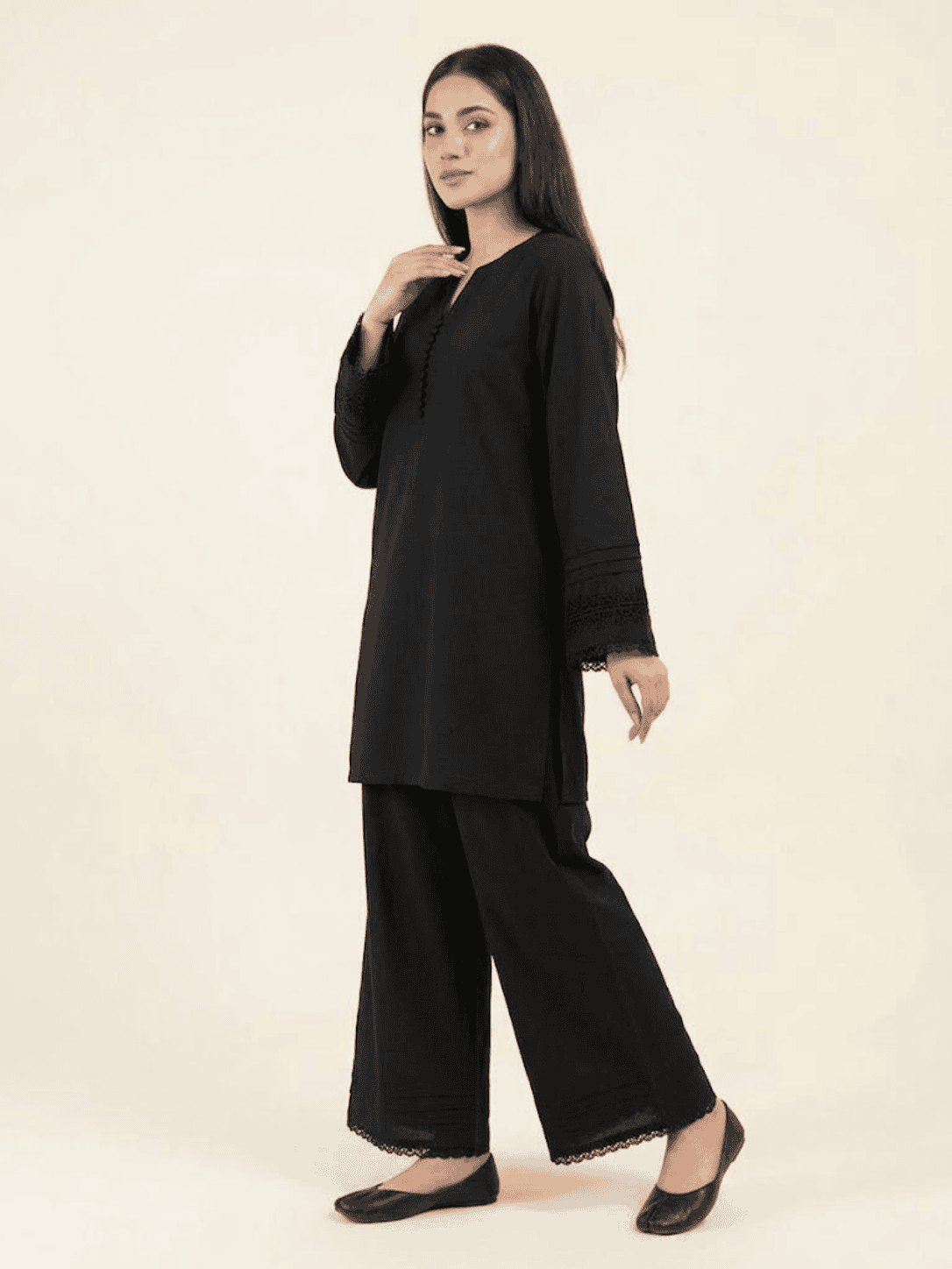 black simple lace with daman sleeves co ord set main black simple lace with daman sleeves co ord set main