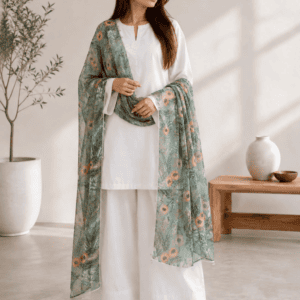 elegant white cotton 2 piece suit with green floral chiffon dupatta