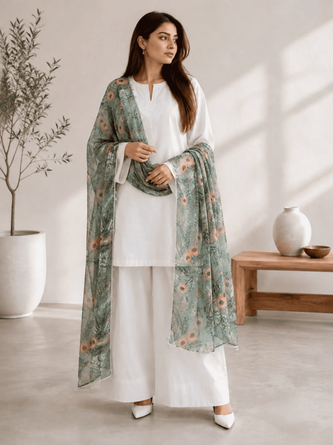 elegant-white-cotton-2-piece-suit-with-green-floral-tissue-dupatta