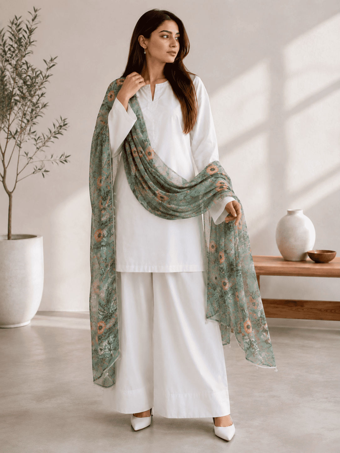 elegant white cotton 2 piece suit with green floral chiffon dupatta2 elegant white cotton 2 piece suit with green floral chiffon dupatta2