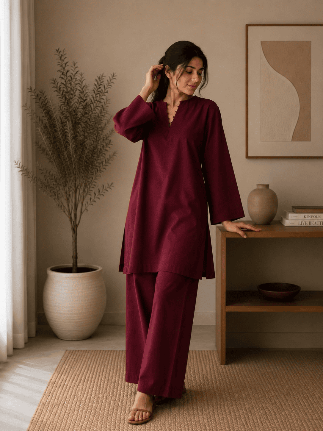 Home Maroon Cotton Co Ord Set