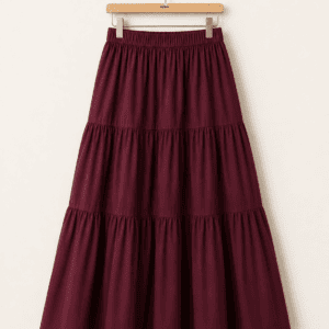maroon cotton tiered maxi skirt for women