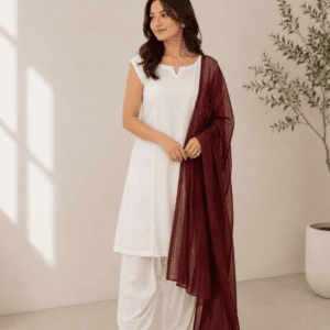 noor – white cotton 3 piece suit with maroon shafoon dupatta