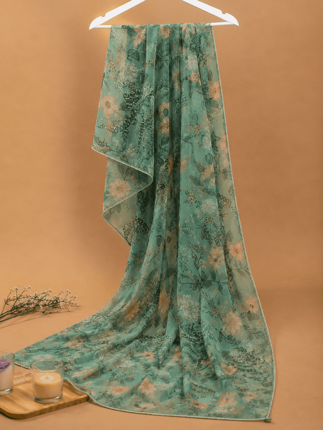 Home Printed Tissue Dupatta – Green Floral 1