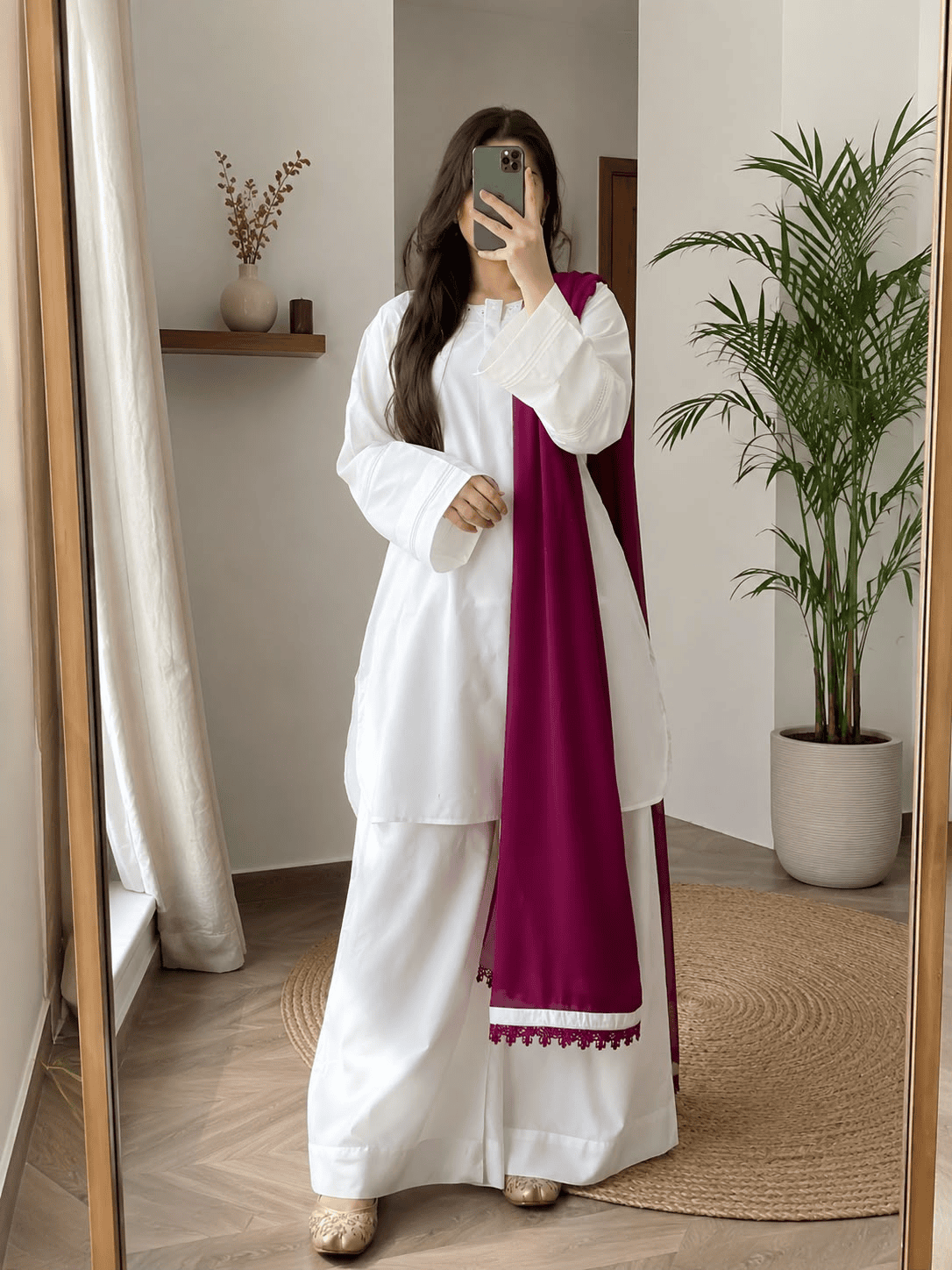 Home White Kurta Trouser With Magenta Chiffon Dupatta