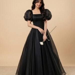 black organza square neck puff sleeve gown
