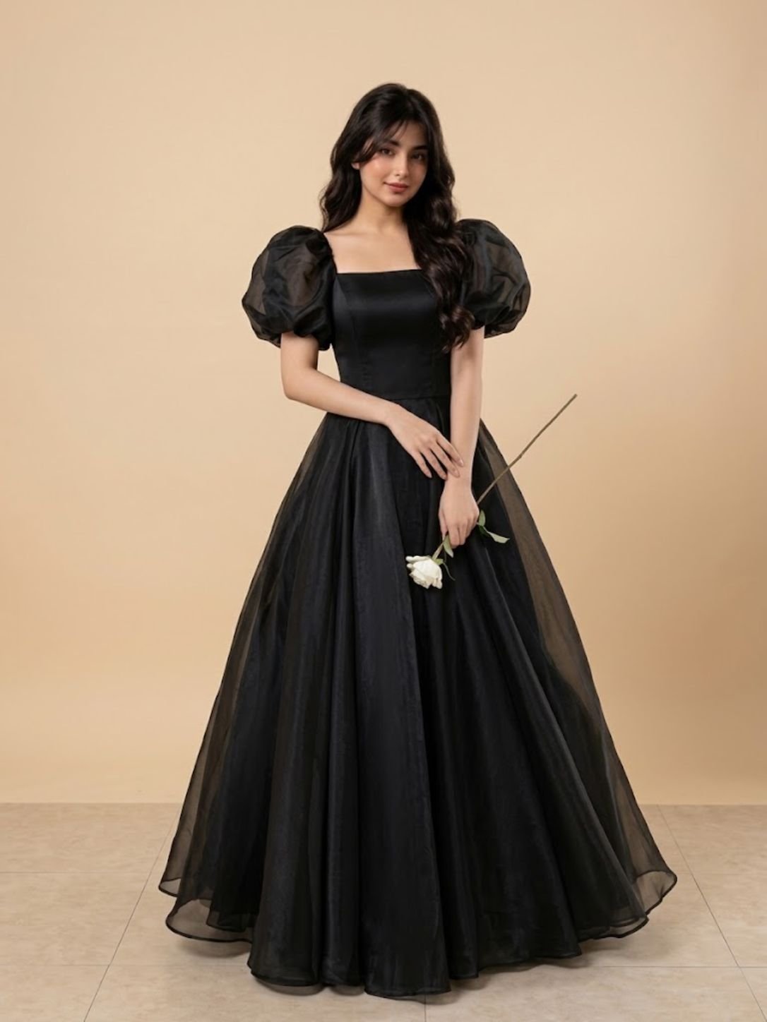 black-organza-square-neck-puff-sleeve-gown