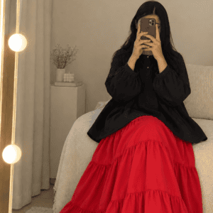black short frock & orange tiered skirt cotton set